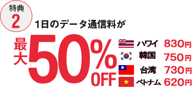 【特典2】1日のデータ通信料が最大50％OFF